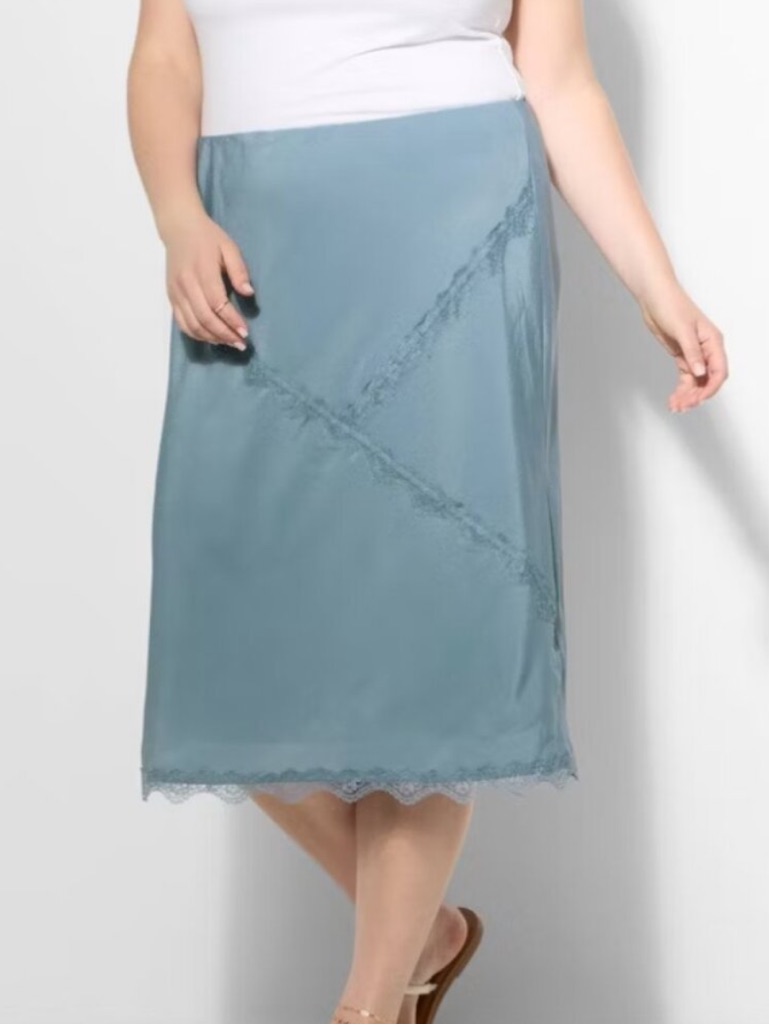 Wild Fable Slate Blue Satin Lace Trim Midi A-Line Skirt
